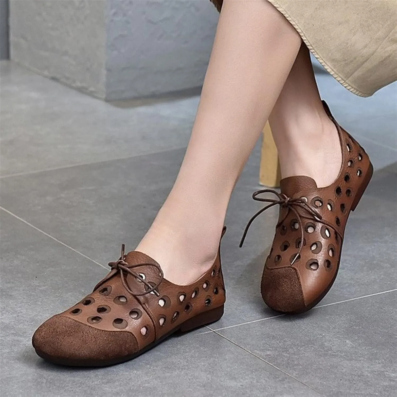 Retro Casual Sandals Comfortable Leather Handmade Shoes Flat-Heeled Soft-Soled Shoes Breathable Cutout Lace-Up Sandals (Color : Auburn, Shoe Size : 6.5)