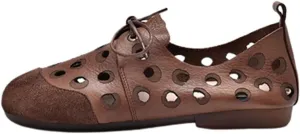 Retro Casual Sandals Comfortable Leather Handmade Shoes Flat-Heeled Soft-Soled Shoes Breathable Cutout Lace-Up Sandals (Color : Auburn, Shoe Size : 6.5)