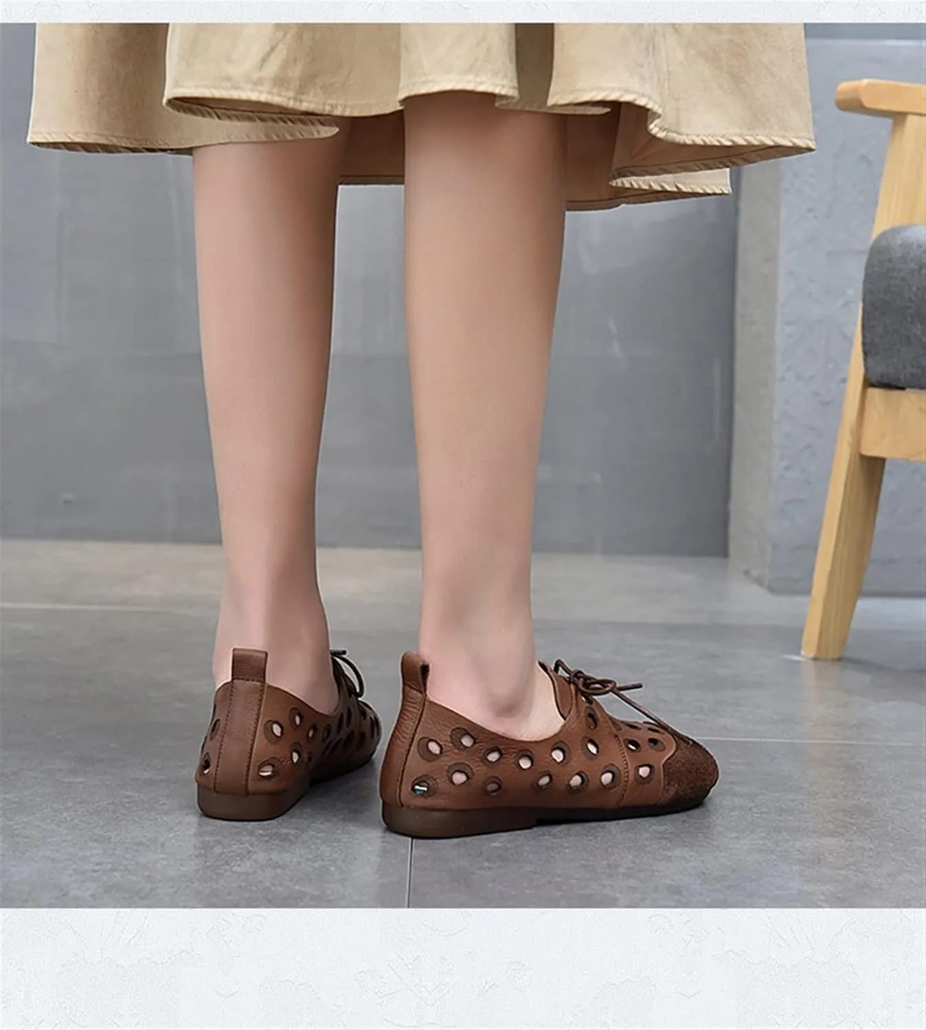 Retro Casual Sandals Comfortable Leather Handmade Shoes Flat-Heeled Soft-Soled Shoes Breathable Cutout Lace-Up Sandals (Color : Auburn, Shoe Size : 6.5)