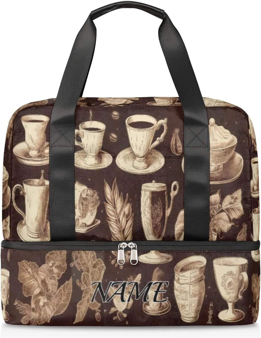 Retro Ceramic Tea Set Personalized Gym Duffle Bag for Women,Custom Mens Sports Tote Travel Bag with Shoe Compartment,Girls Boys Weekender Overnight Bag,Mommy Hospital Carry On Bag