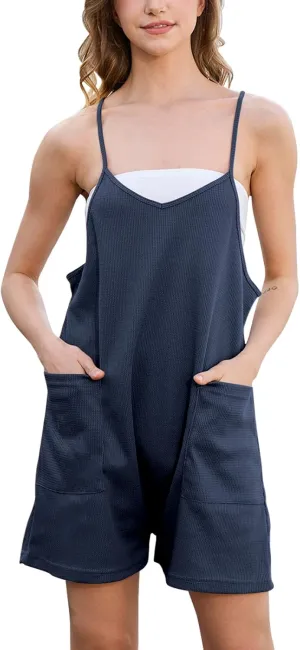 Rompers for Women Summer Casual Waffle Knit Sleeveless Romper Spaghetti Strap Shorts Overalls Jumpsuit with Pockets