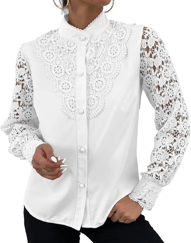 Rooscier Women's Lace Crochet Mock Neck Long Sleeve Button Elegant Blouse Shirt Top