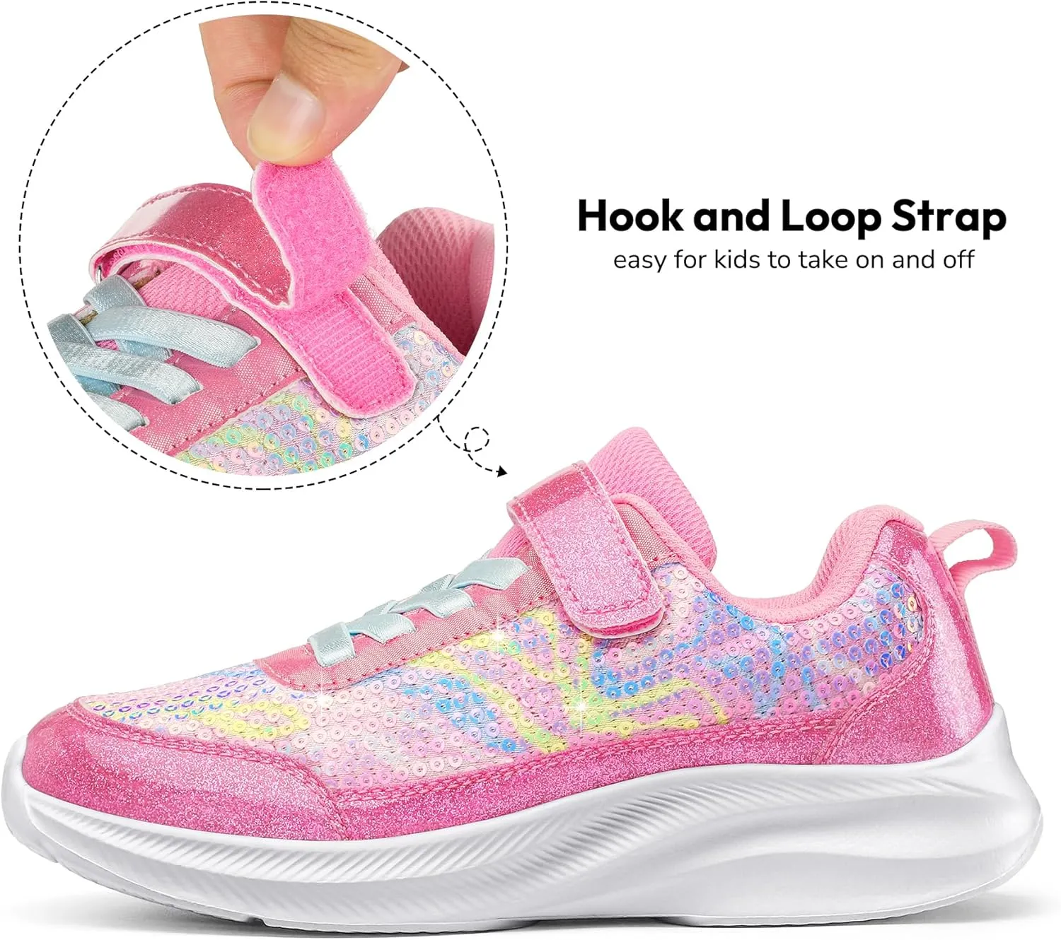 RUNSIDE Toddler Sneakers Girls Sparkle Sequins Walking Shoes, Kids Lightweight Tennis Sneakers with Hook and Loops