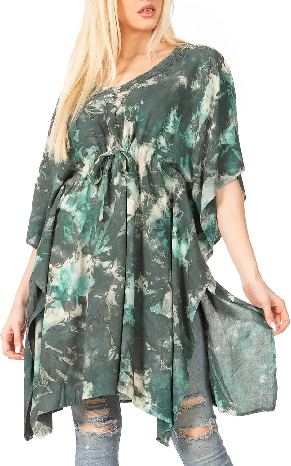 Sakkas Marcy Women's Caftan Top Tunic Dress V Neck Loose Summer Boho Swing Coverup