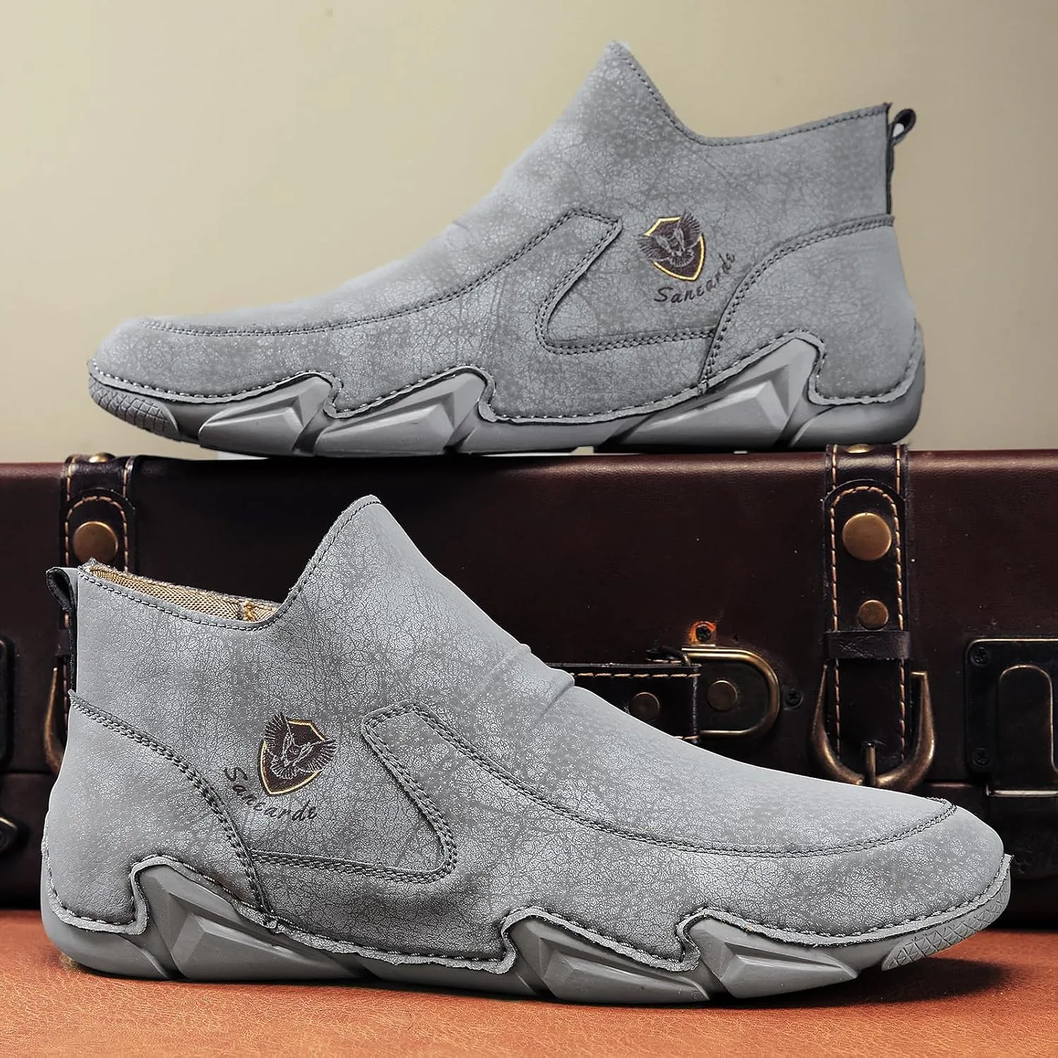 Sanearde Men's Chukka Boots Handmade Casual Leather Loafers Non Slip Hiking Ankle Booties Fashion Comfortable Driving Shoes