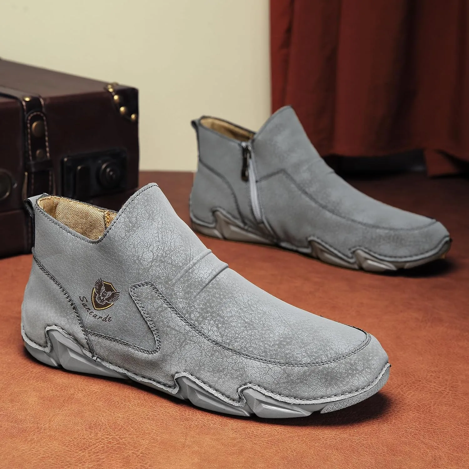 Sanearde Men's Chukka Boots Handmade Casual Leather Loafers Non Slip Hiking Ankle Booties Fashion Comfortable Driving Shoes