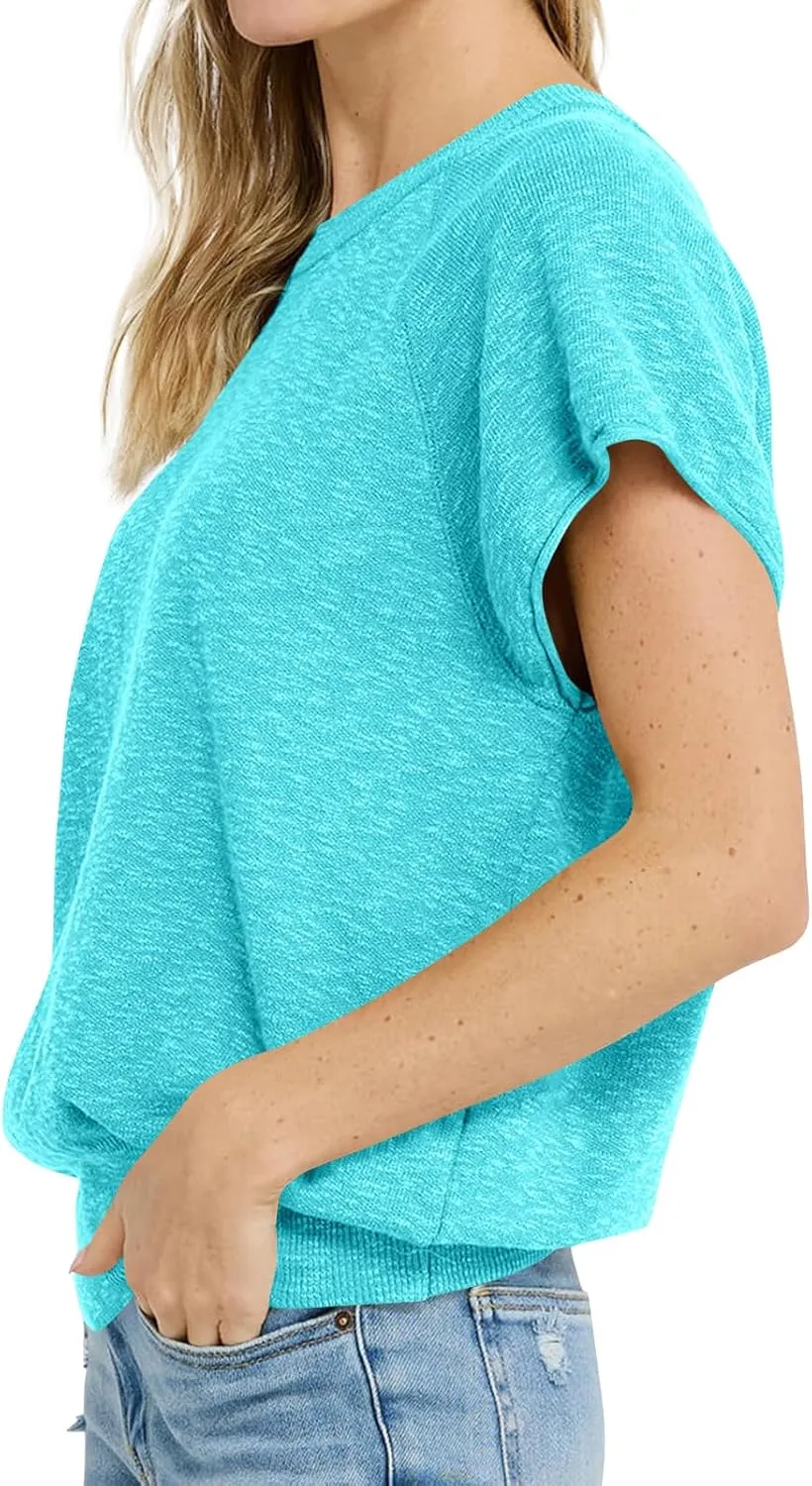 Saodimallsu Womens Short Sleeve Crewneck Sweater Summer Tops Casual Loose Knit Lightweight Basic Pullover Shirts