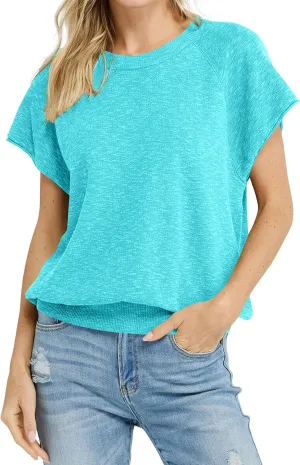 Saodimallsu Womens Short Sleeve Crewneck Sweater Summer Tops Casual Loose Knit Lightweight Basic Pullover Shirts