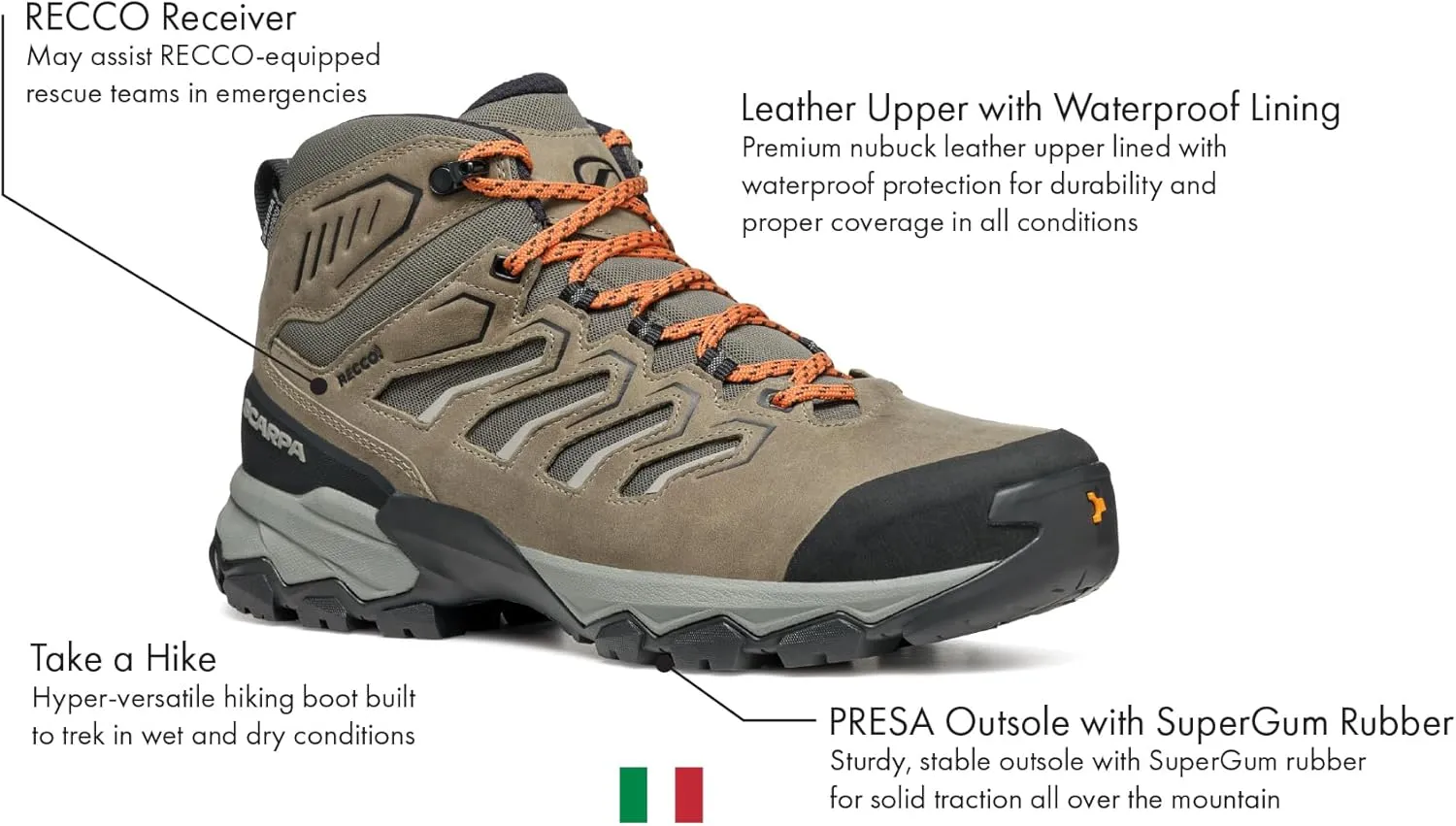 SCARPA Men's Moraine Mid WP Waterproof Breathable Boots for Backpacking & Hiking