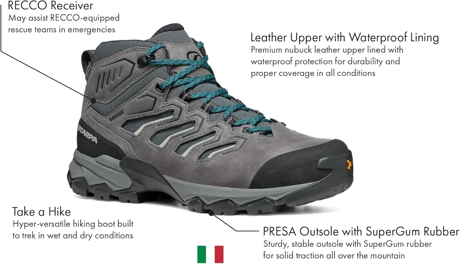 SCARPA Men's Moraine Mid WP Waterproof Breathable Boots for Backpacking & Hiking