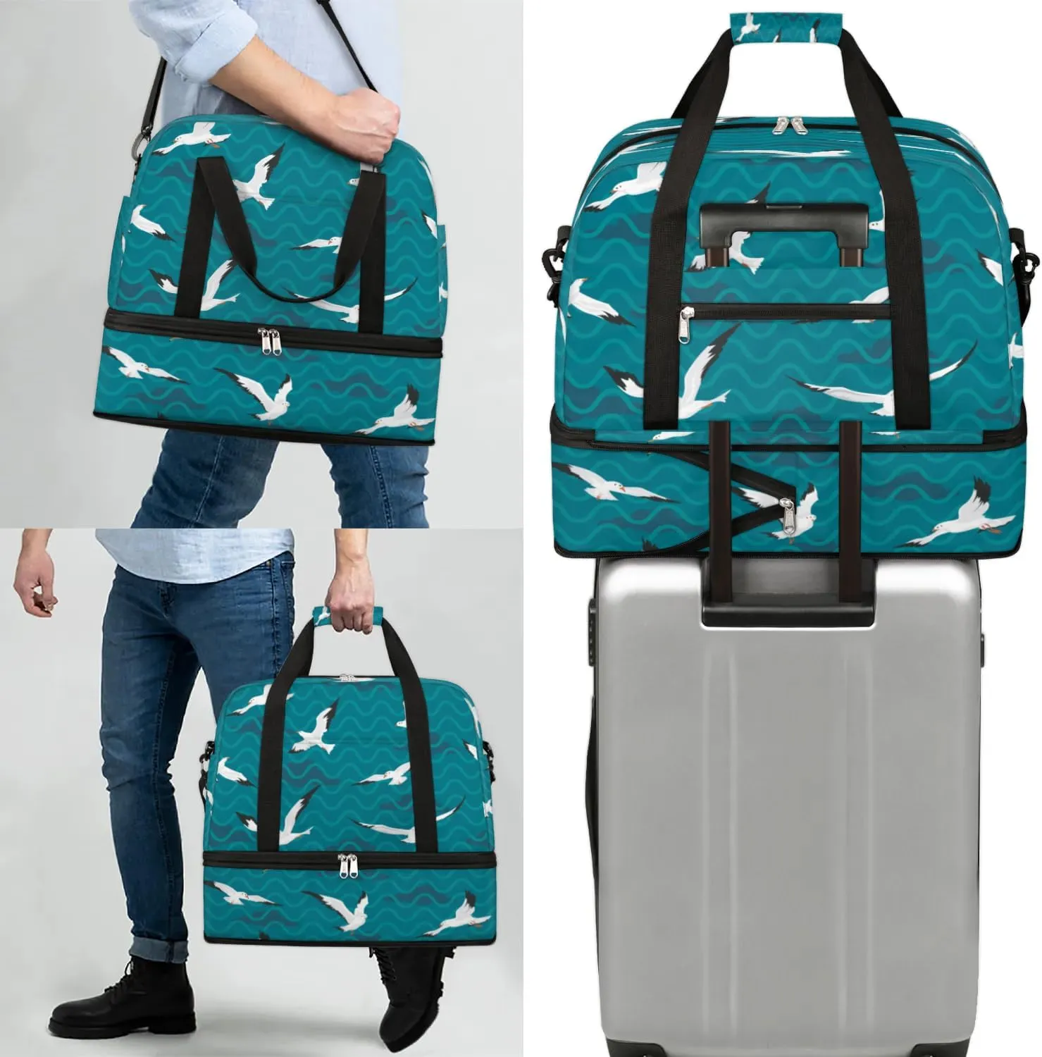 Seagull Wave Sports Gym Bag with Shoes Compartment Foldable Travel Duffel Bag Dry Wet Separated Sports Tote Workout Weekender Overnight Bag for Women Yoga Dance Work Training Handbag