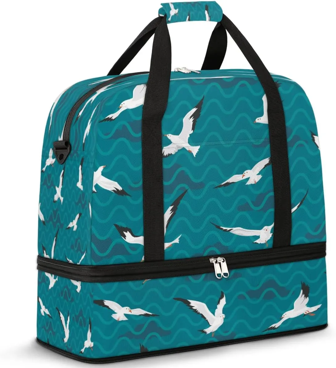 Seagull Wave Sports Gym Bag with Shoes Compartment Foldable Travel Duffel Bag Dry Wet Separated Sports Tote Workout Weekender Overnight Bag for Women Yoga Dance Work Training Handbag