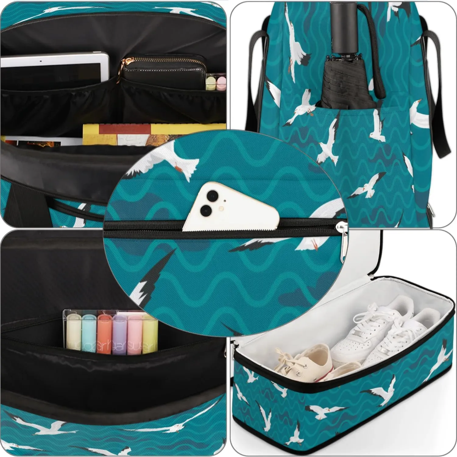 Seagull Wave Sports Gym Bag with Shoes Compartment Foldable Travel Duffel Bag Dry Wet Separated Sports Tote Workout Weekender Overnight Bag for Women Yoga Dance Work Training Handbag
