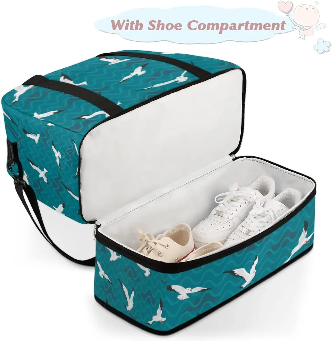 Seagull Wave Sports Gym Bag with Shoes Compartment Foldable Travel Duffel Bag Dry Wet Separated Sports Tote Workout Weekender Overnight Bag for Women Yoga Dance Work Training Handbag
