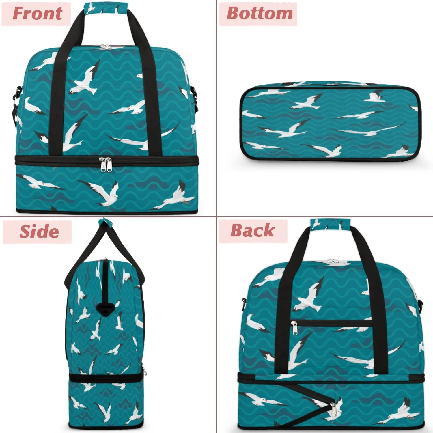 Seagull Wave Sports Gym Bag with Shoes Compartment Foldable Travel Duffel Bag Dry Wet Separated Sports Tote Workout Weekender Overnight Bag for Women Yoga Dance Work Training Handbag