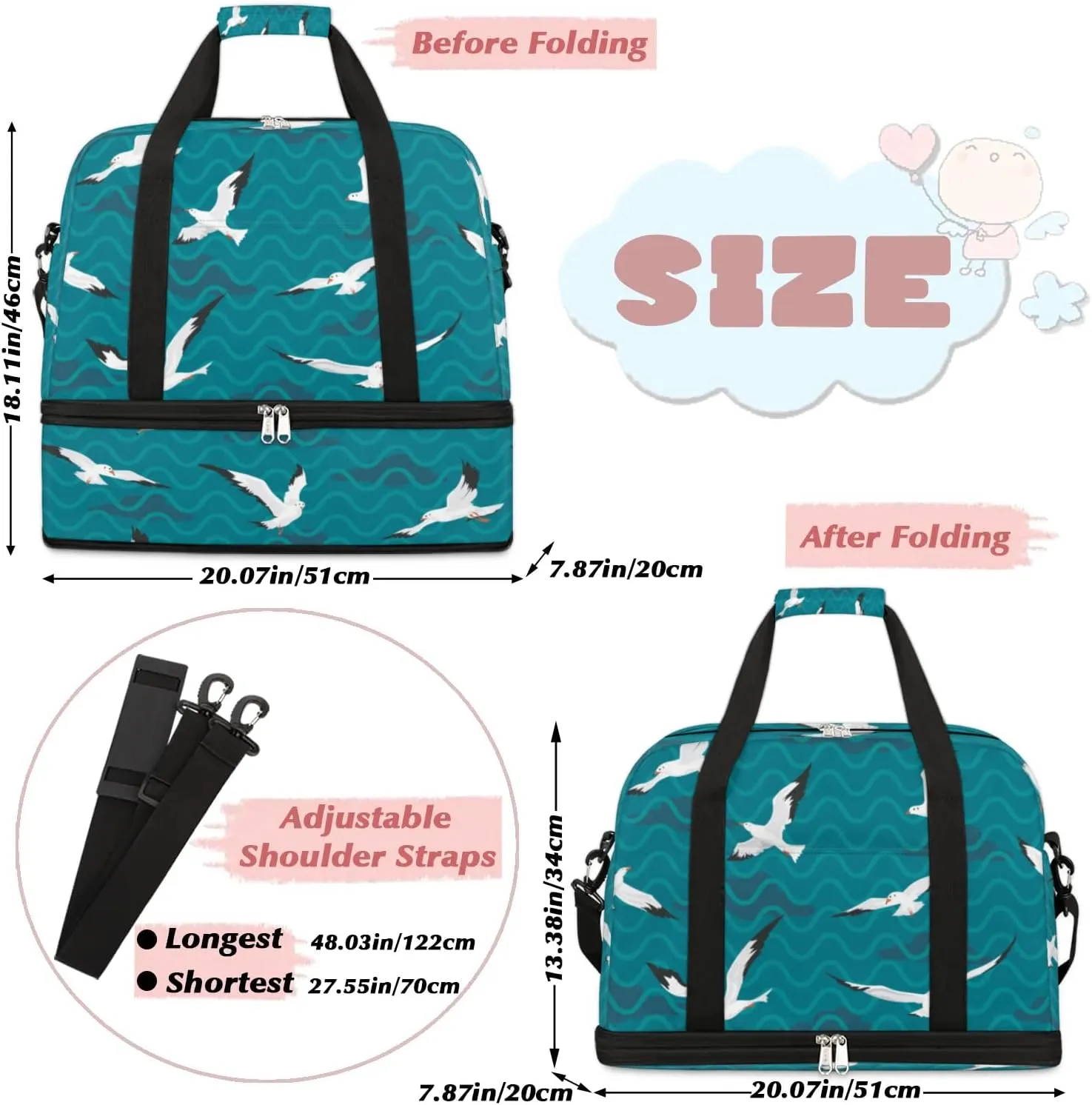 Seagull Wave Sports Gym Bag with Shoes Compartment Foldable Travel Duffel Bag Dry Wet Separated Sports Tote Workout Weekender Overnight Bag for Women Yoga Dance Work Training Handbag