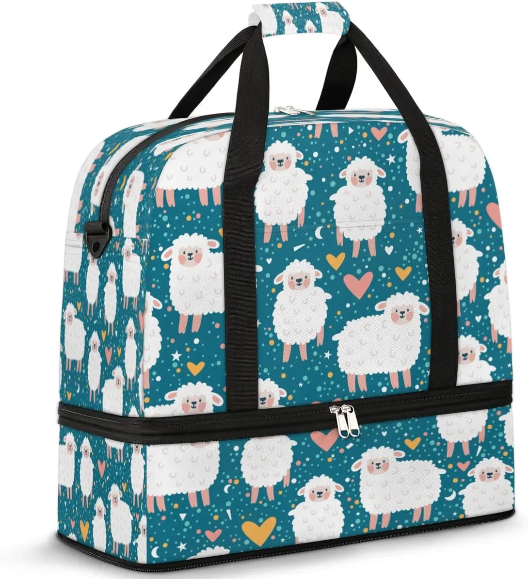 Sheep Love Heart Sports Gym Bag with Shoes Compartment Foldable Travel Duffel Bag Dry Wet Separated Sports Tote Workout Weekender Overnight Bag for Women Yoga Dance Work Training Handbag
