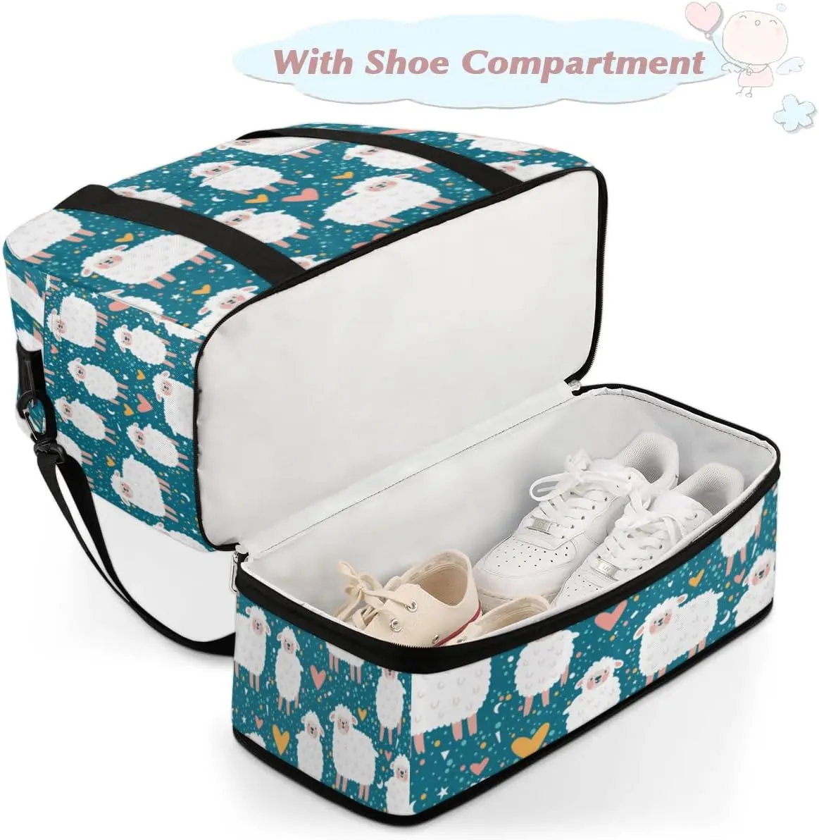 Sheep Love Heart Sports Gym Bag with Shoes Compartment Foldable Travel Duffel Bag Dry Wet Separated Sports Tote Workout Weekender Overnight Bag for Women Yoga Dance Work Training Handbag