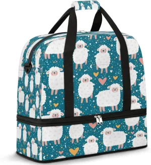 Sheep Love Heart Sports Gym Bag with Shoes Compartment Foldable Travel Duffel Bag Dry Wet Separated Sports Tote Workout Weekender Overnight Bag for Women Yoga Dance Work Training Handbag