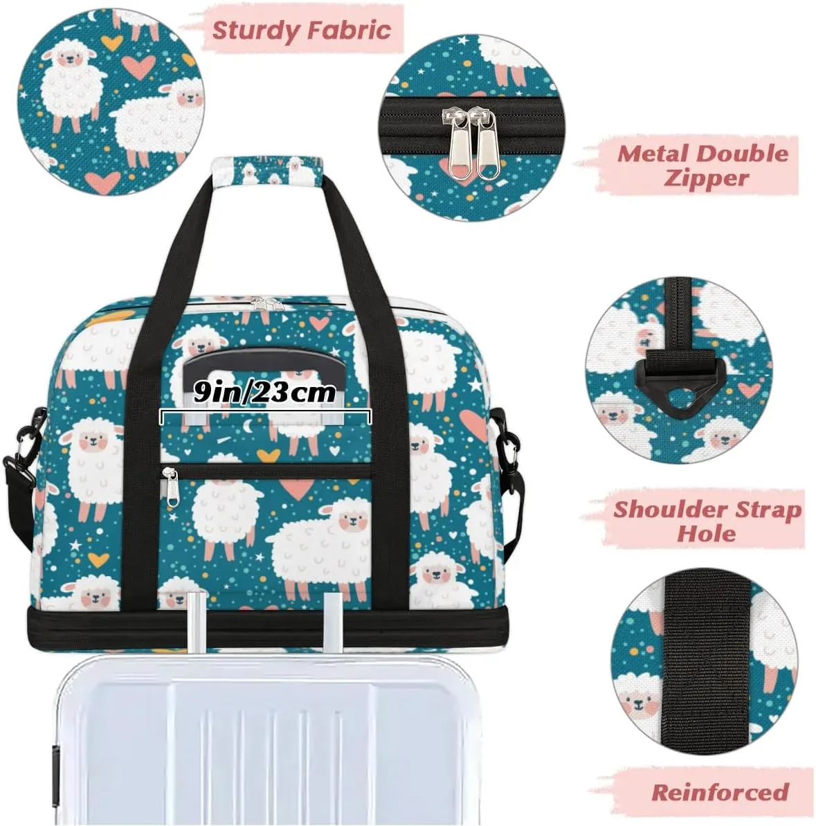 Sheep Love Heart Sports Gym Bag with Shoes Compartment Foldable Travel Duffel Bag Dry Wet Separated Sports Tote Workout Weekender Overnight Bag for Women Yoga Dance Work Training Handbag