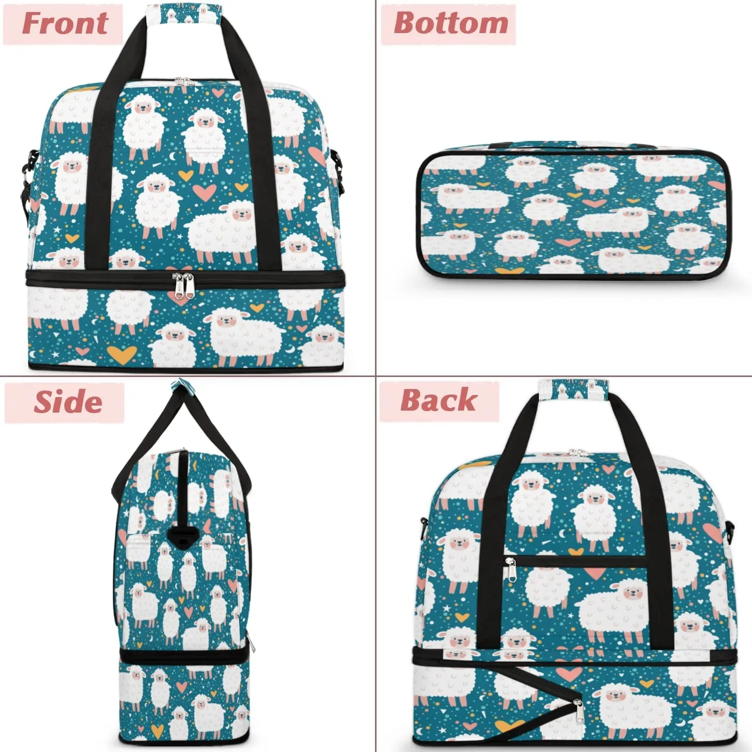 Sheep Love Heart Sports Gym Bag with Shoes Compartment Foldable Travel Duffel Bag Dry Wet Separated Sports Tote Workout Weekender Overnight Bag for Women Yoga Dance Work Training Handbag