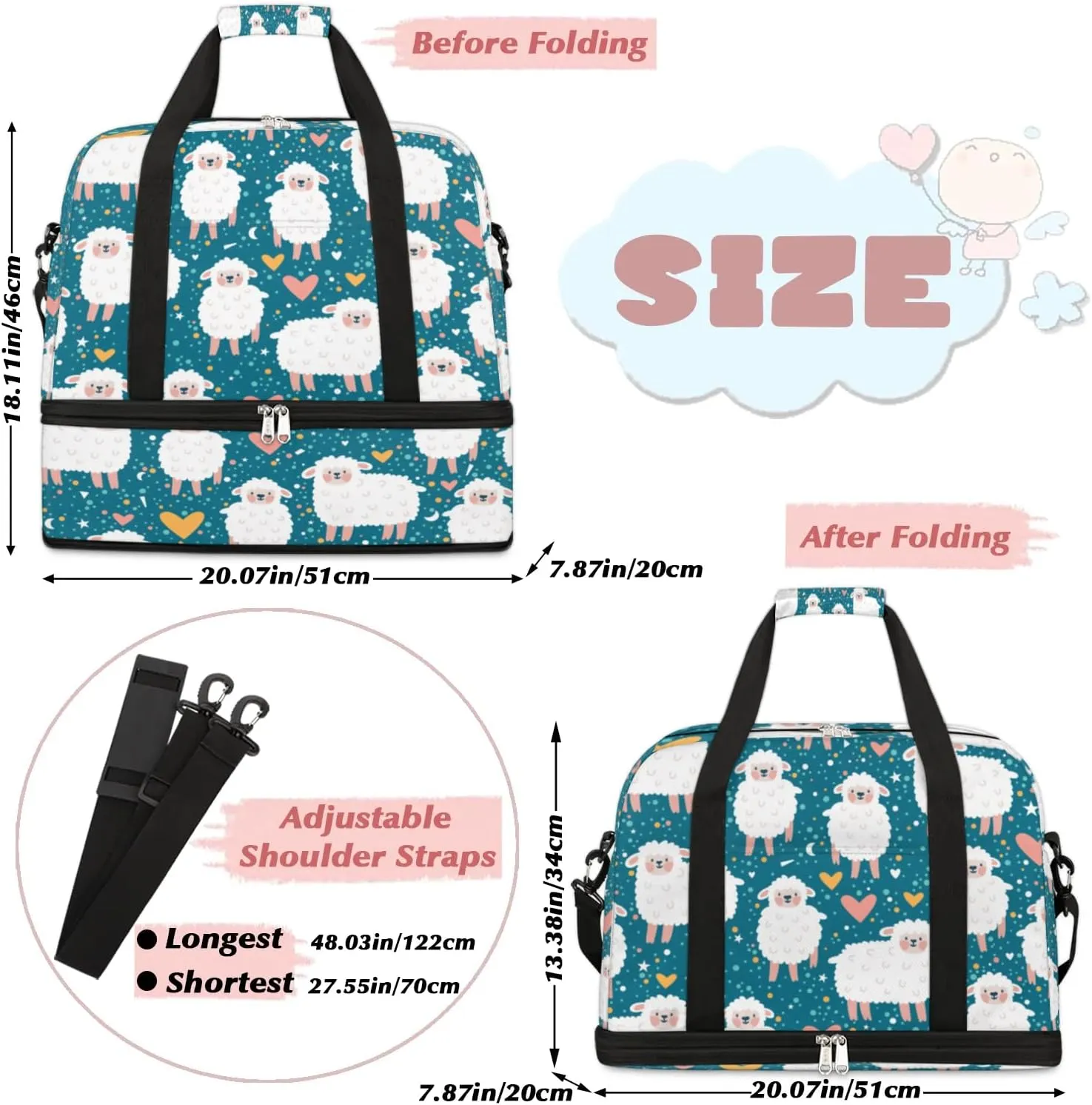 Sheep Love Heart Sports Gym Bag with Shoes Compartment Foldable Travel Duffel Bag Dry Wet Separated Sports Tote Workout Weekender Overnight Bag for Women Yoga Dance Work Training Handbag