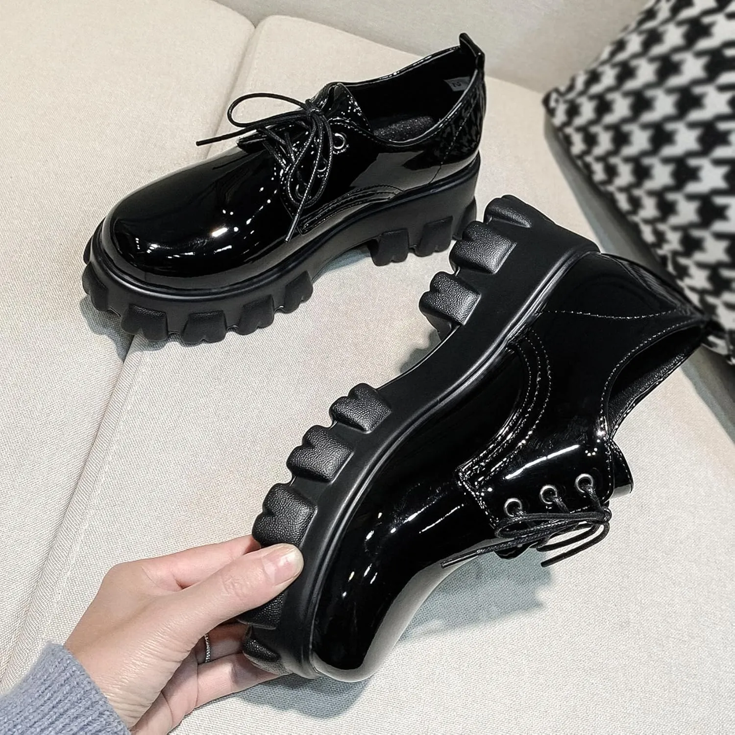 SHEMEE Women's Platform Oxfords Chunky Heels Loafer Lug Sole Lace Up Derby Shoes Comfort Business Work Office Dress Pumps