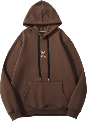 SHENHE Men's Loose Fit Bear Embroidery Long Sleeve Thermal Hooded Sweatshirt Hoodie Tops