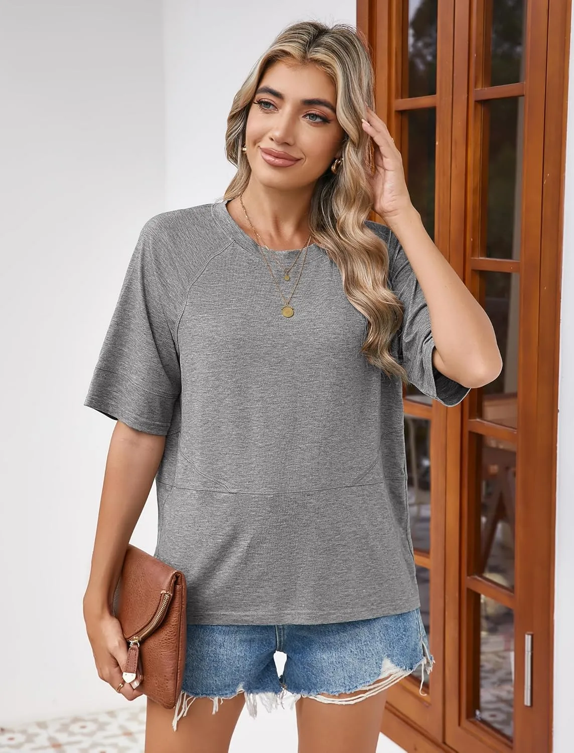 Sherosa Womens Casual Crewneck Half Sleeve T-Shirts Solid Color Loose Fit Summer Basic Tops Tees Blouses