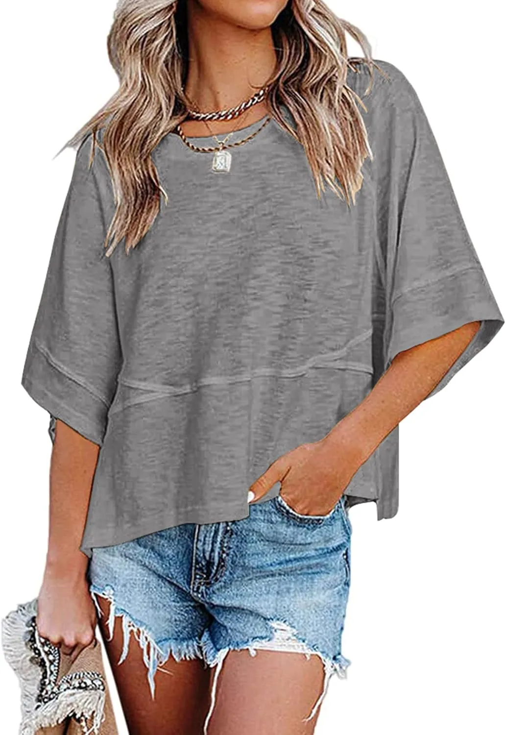 Sherosa Womens Casual Crewneck Half Sleeve T-Shirts Solid Color Loose Fit Summer Basic Tops Tees Blouses