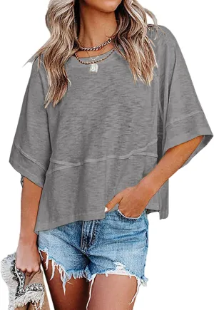 Sherosa Womens Casual Crewneck Half Sleeve T-Shirts Solid Color Loose Fit Summer Basic Tops Tees Blouses