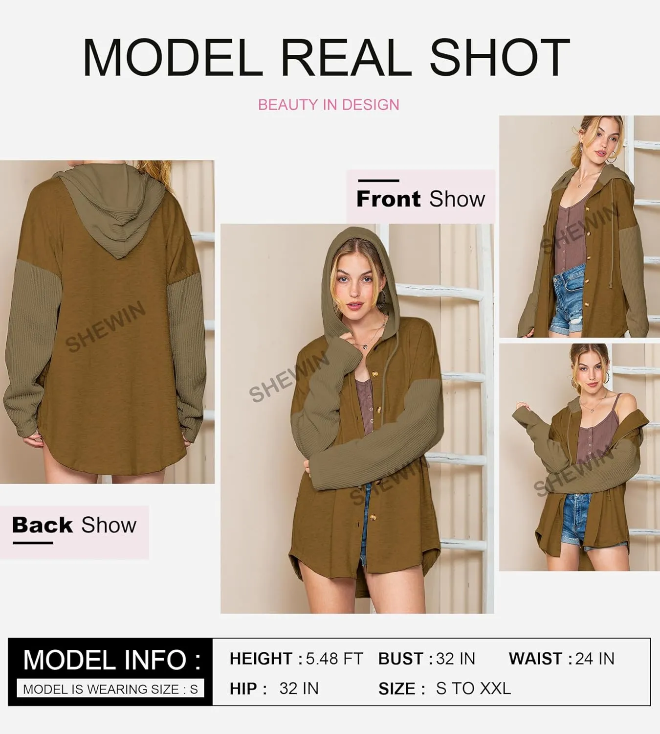 SHEWIN Oversized Sweatshirt for Women Loose Fit Casual Long Sleeve Button Hooded Sweatshirts Hoodies with Pocket