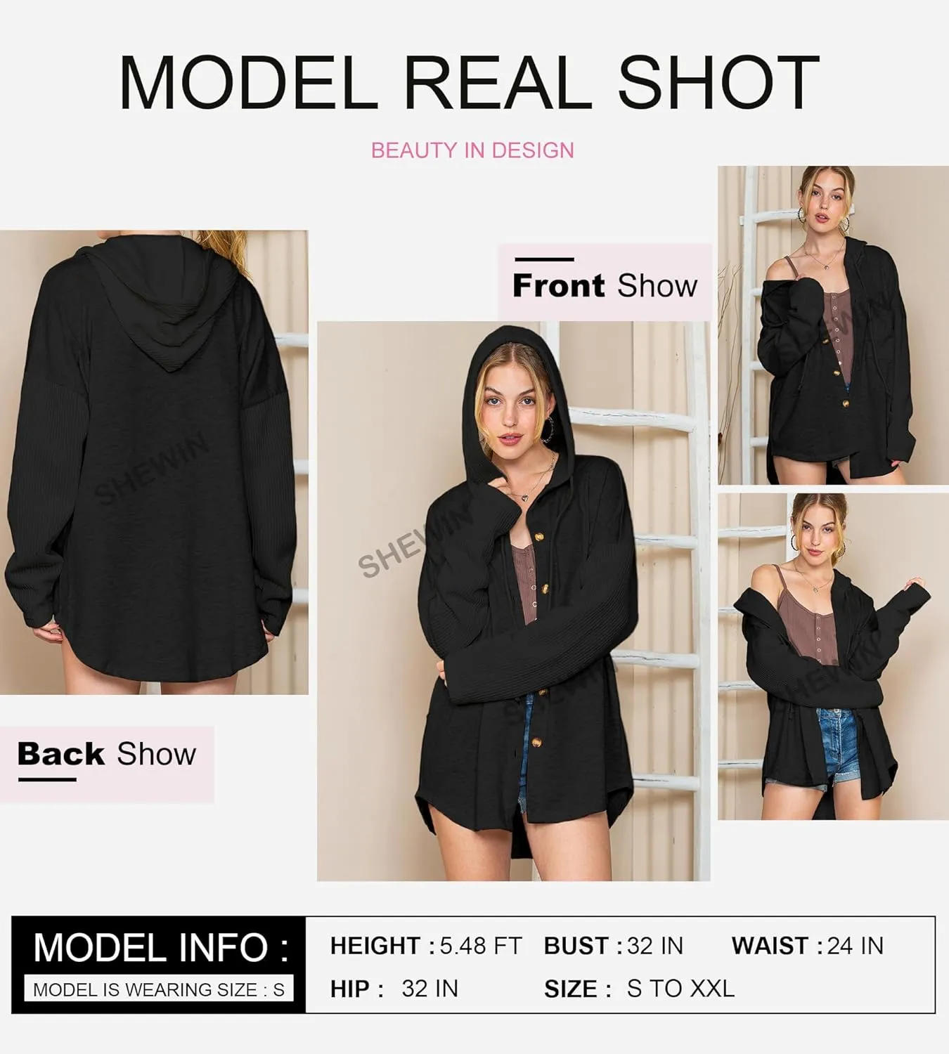 SHEWIN Oversized Sweatshirt for Women Loose Fit Casual Long Sleeve Button Hooded Sweatshirts Hoodies with Pocket