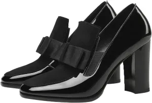 Shinelly Women High Heel Chunky Loafers Patent Leather Pumps with Bow
