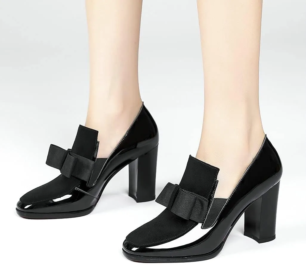 Shinelly Women High Heel Chunky Loafers Patent Leather Pumps with Bow
