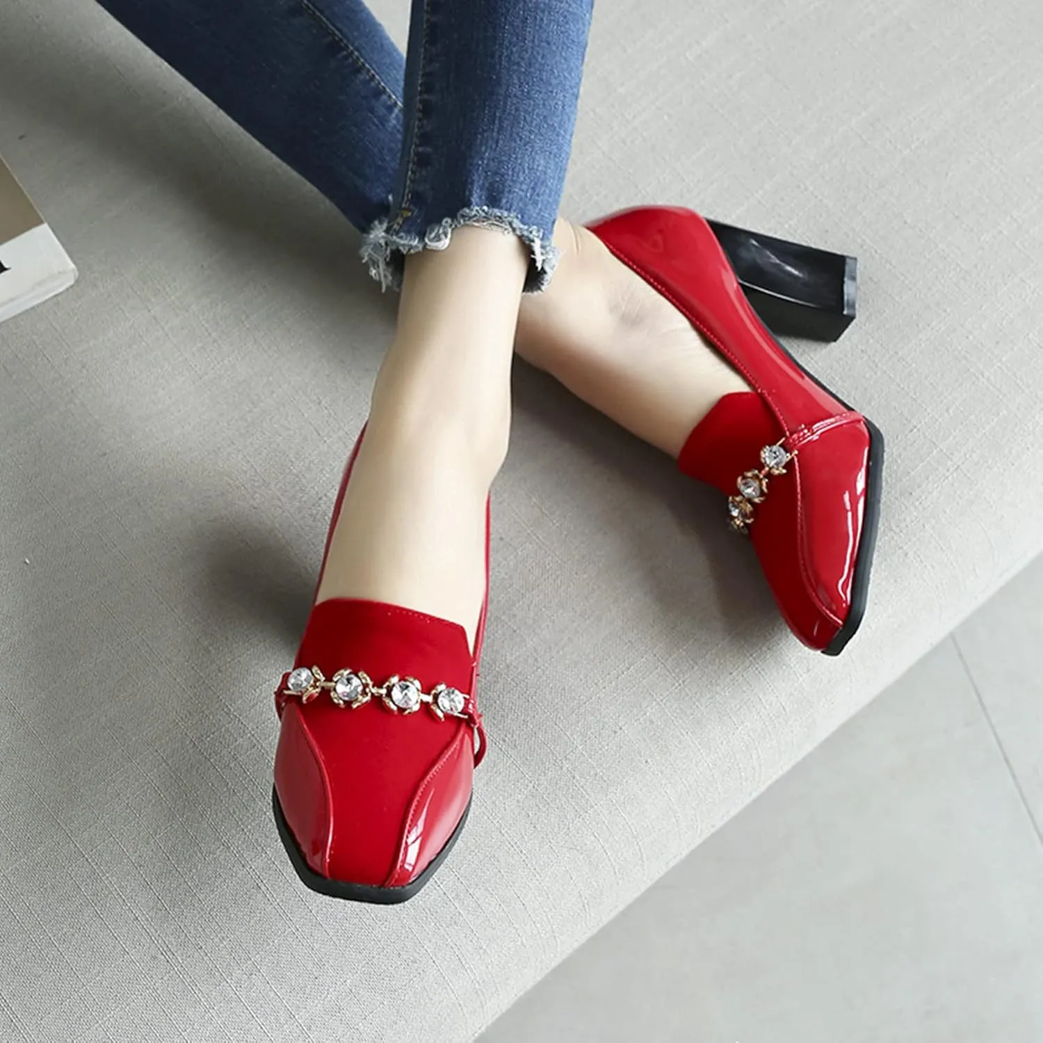 Shinelly Women High Heel Chunky Loafers Patent Leather Pumps with Bow
