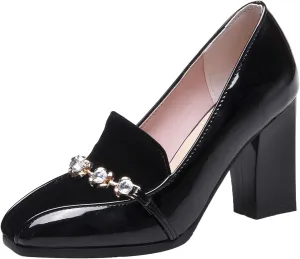Shinelly Women High Heel Chunky Loafers Patent Leather Pumps with Bow