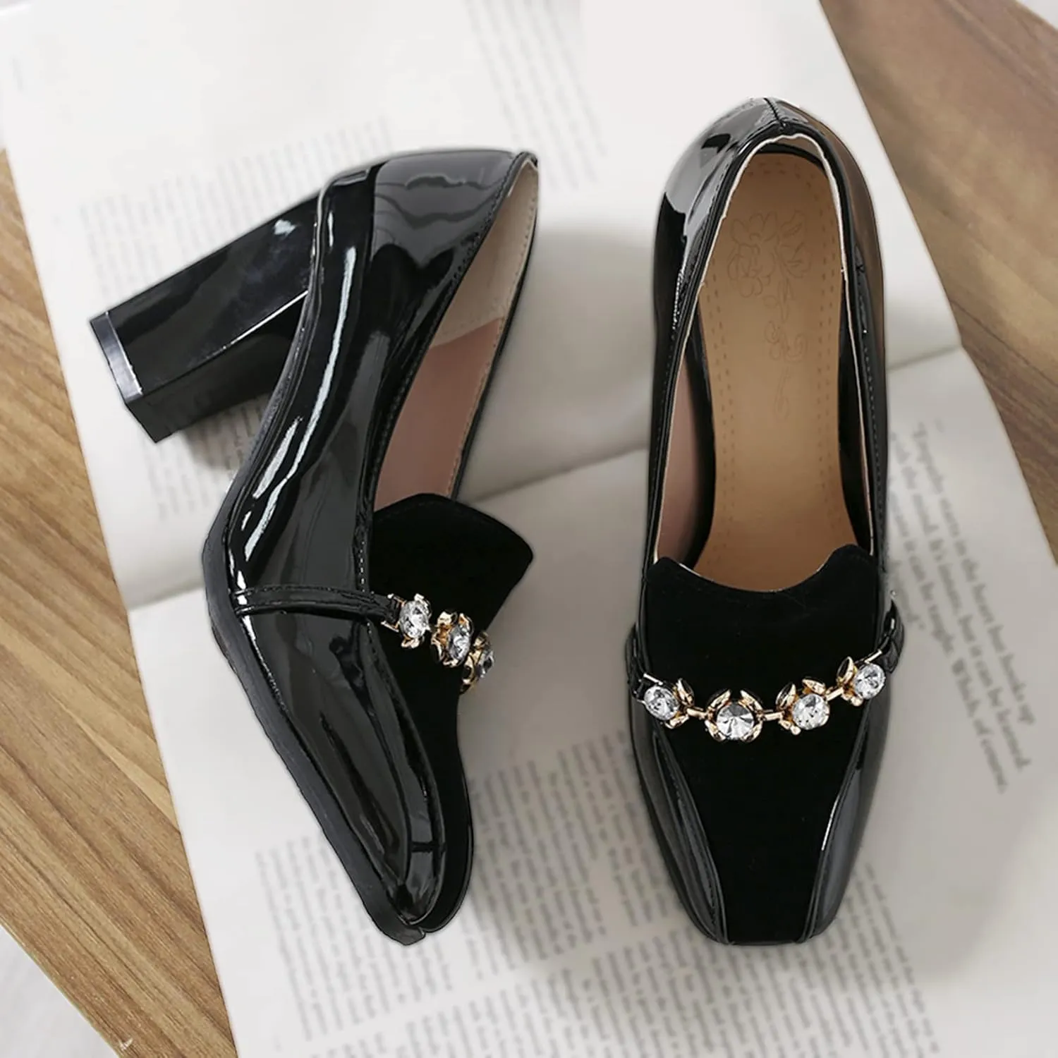 Shinelly Women High Heel Chunky Loafers Patent Leather Pumps with Bow