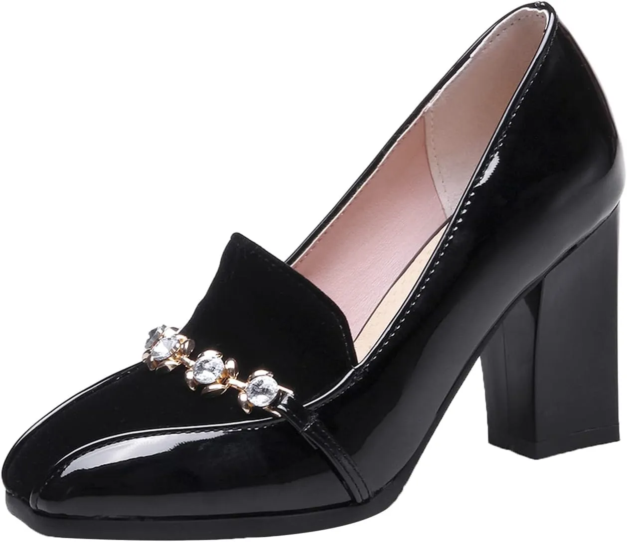 Shinelly Women High Heel Chunky Loafers Patent Leather Pumps with Bow