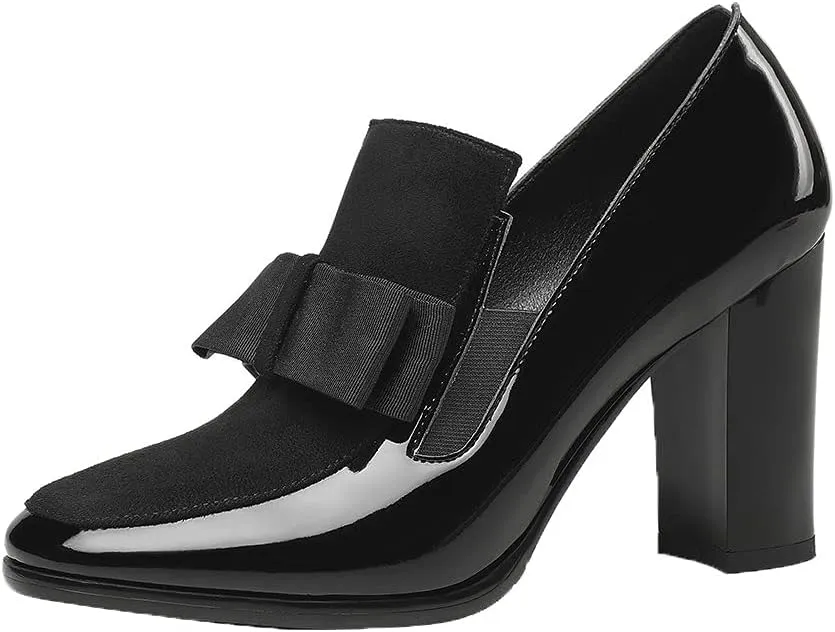 Shinelly Women High Heel Chunky Loafers Patent Leather Pumps with Bow