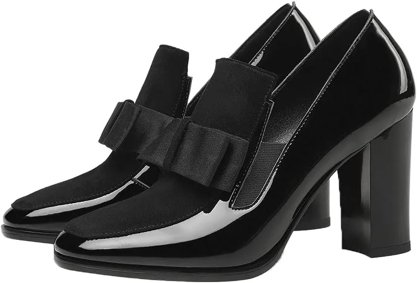 Shinelly Women High Heel Chunky Loafers Patent Leather Pumps with Bow