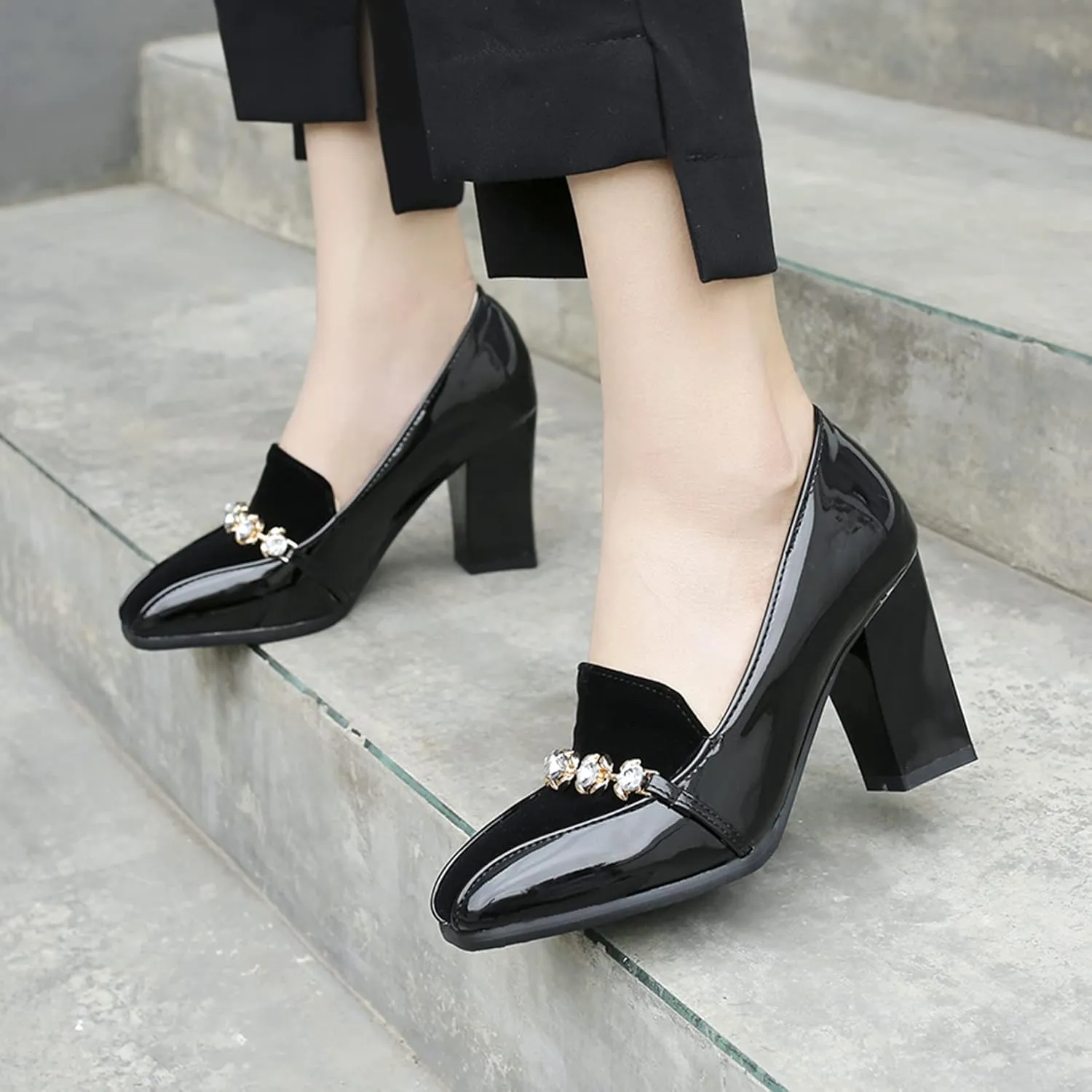Shinelly Women High Heel Chunky Loafers Patent Leather Pumps with Bow