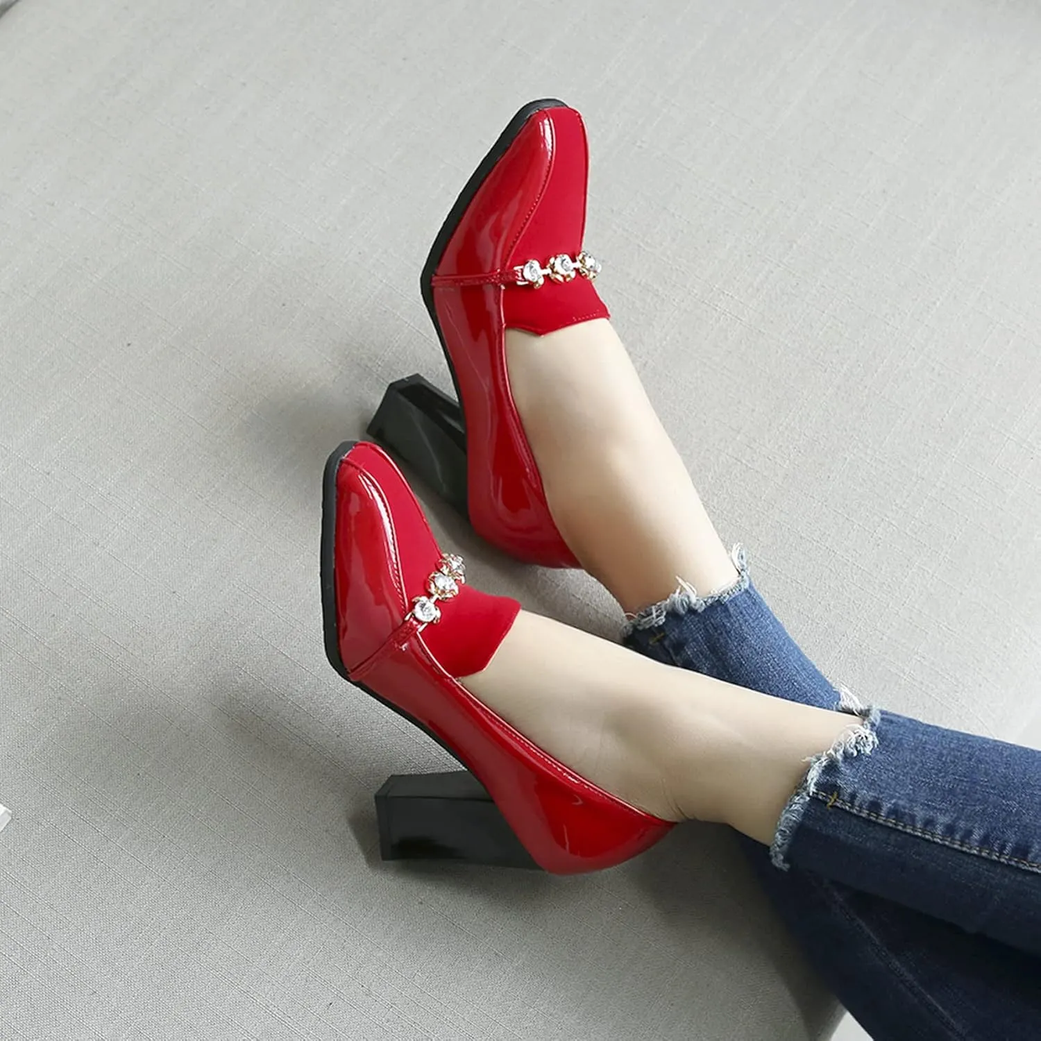 Shinelly Women High Heel Chunky Loafers Patent Leather Pumps with Bow
