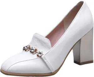 Shinelly Women High Heel Chunky Loafers Patent Leather Pumps with Bow