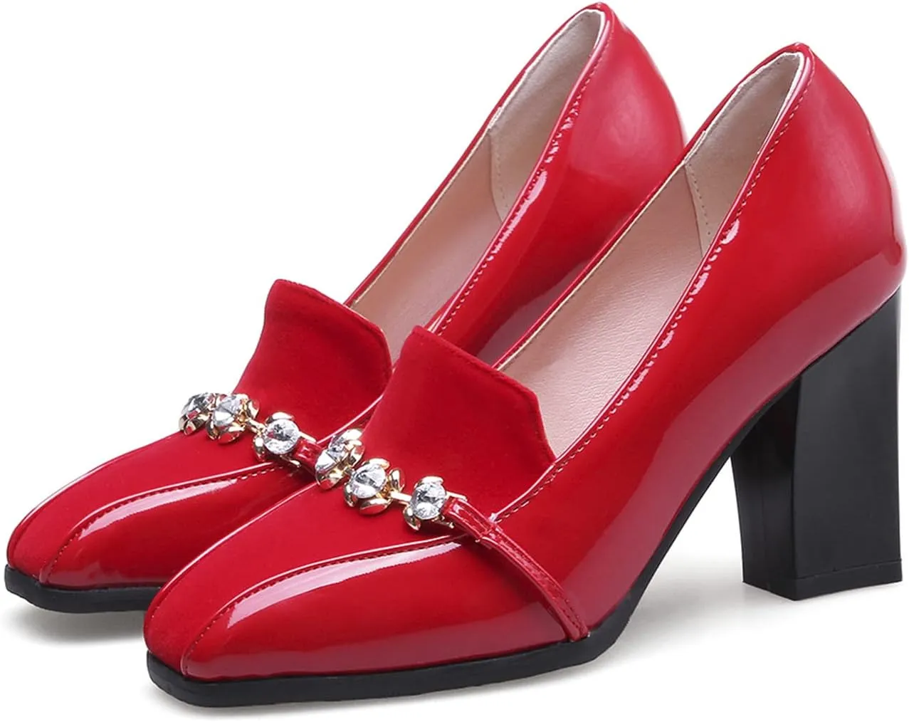 Shinelly Women High Heel Chunky Loafers Patent Leather Pumps with Bow