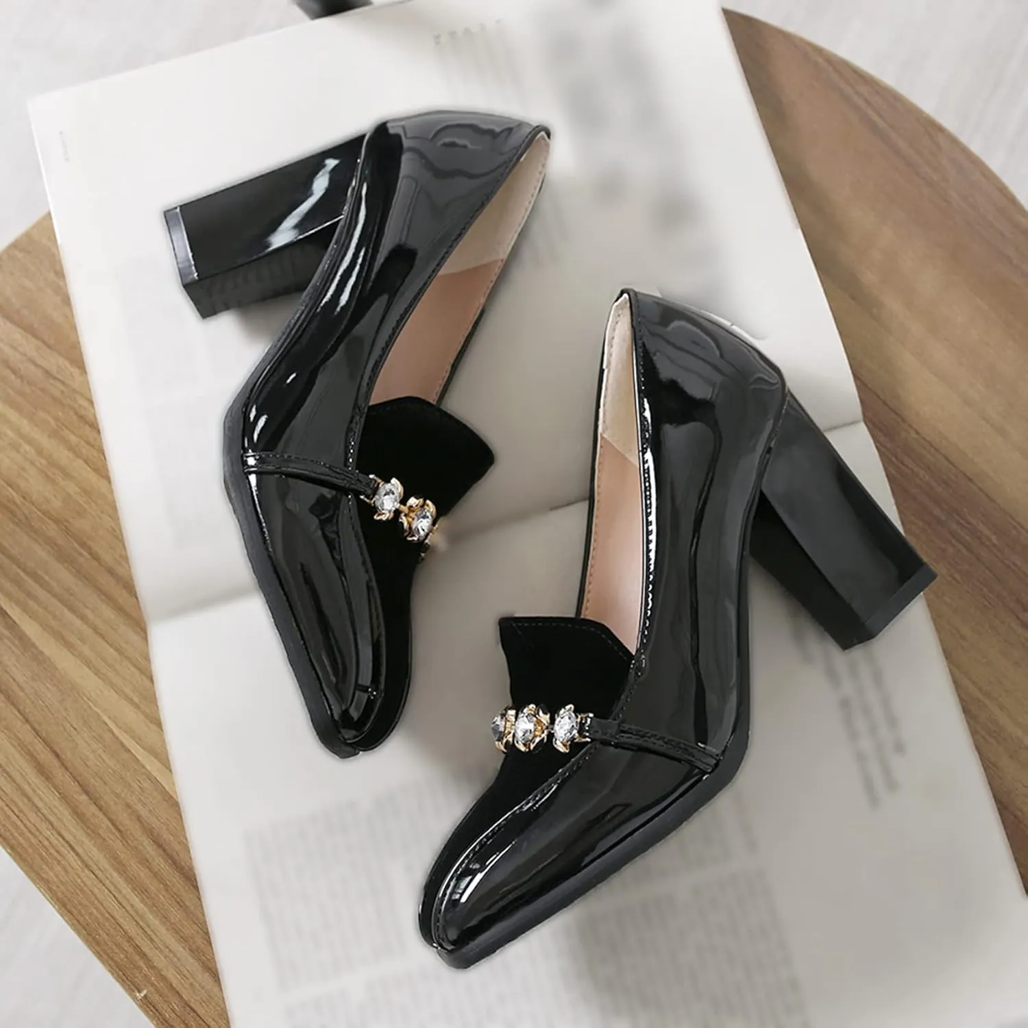 Shinelly Women High Heel Chunky Loafers Patent Leather Pumps with Bow