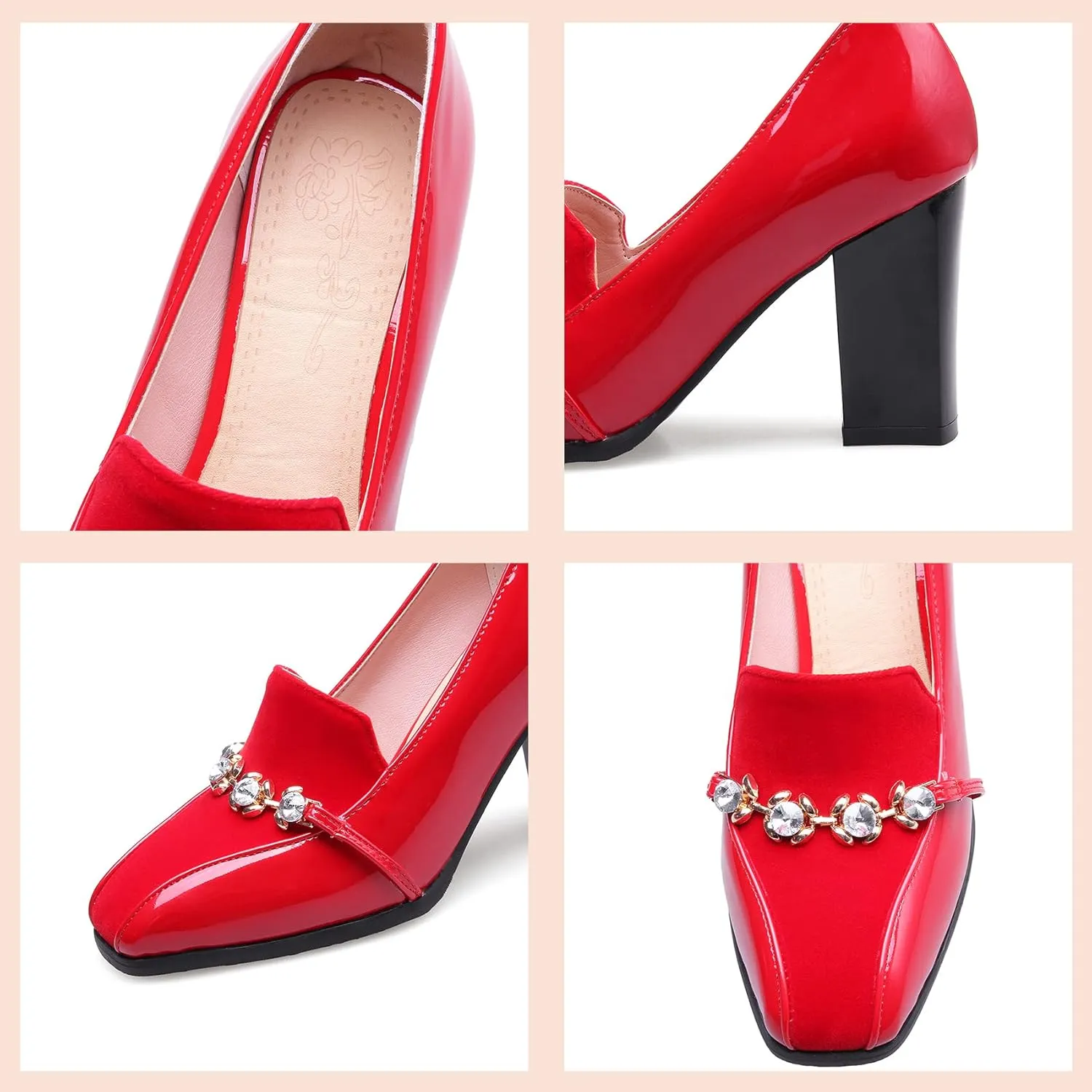 Shinelly Women High Heel Chunky Loafers Patent Leather Pumps with Bow
