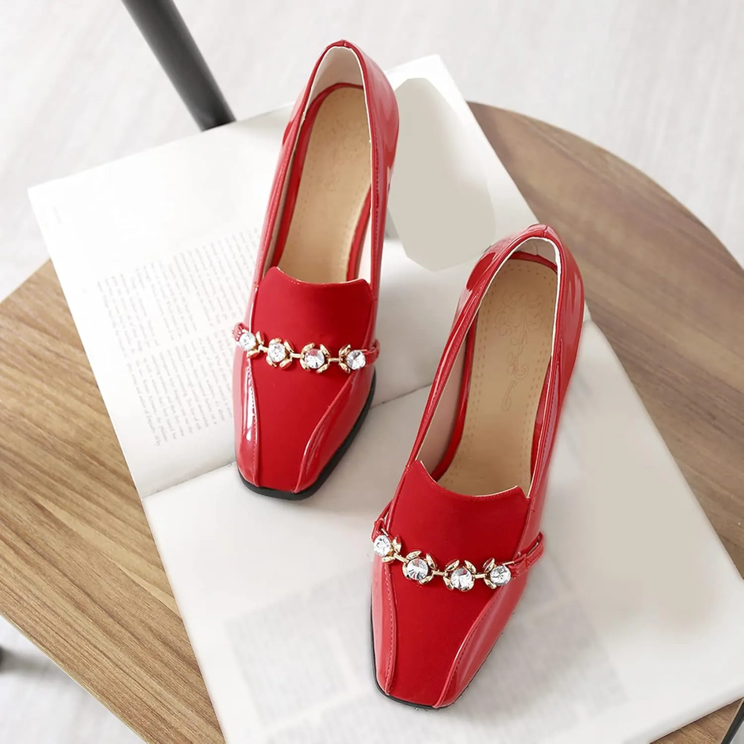 Shinelly Women High Heel Chunky Loafers Patent Leather Pumps with Bow