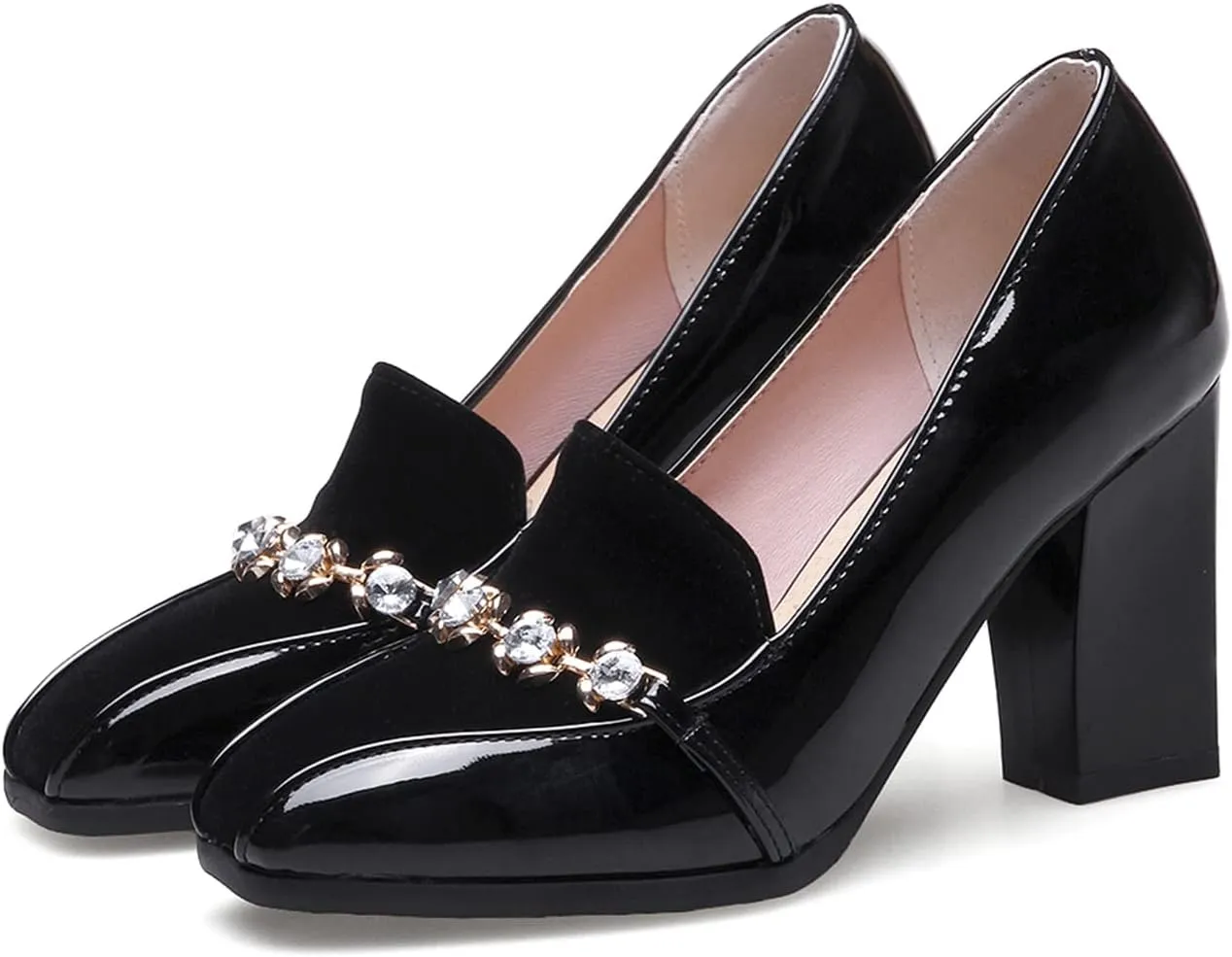 Shinelly Women High Heel Chunky Loafers Patent Leather Pumps with Bow