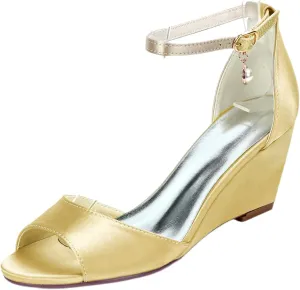 SHUTUP.DANCE Womens Wedge Sandals with Ankle Strap Comfort Wedding Shoes Bridesmail Ankle Strap Shoes 6.5CM Bride Party Dress Evening Pendant